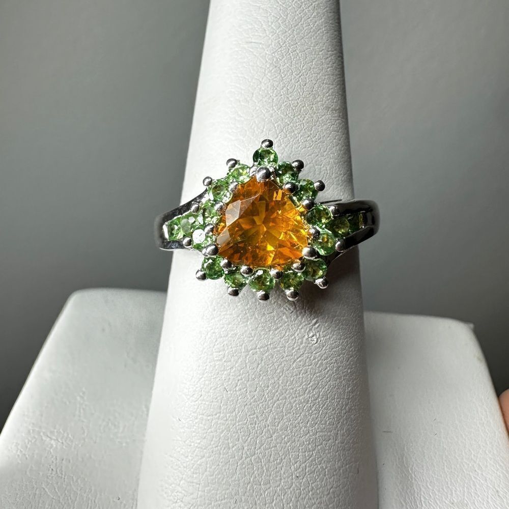 Trillion cut Citrine and Tsavorite ring in‎ solid sterling silver!